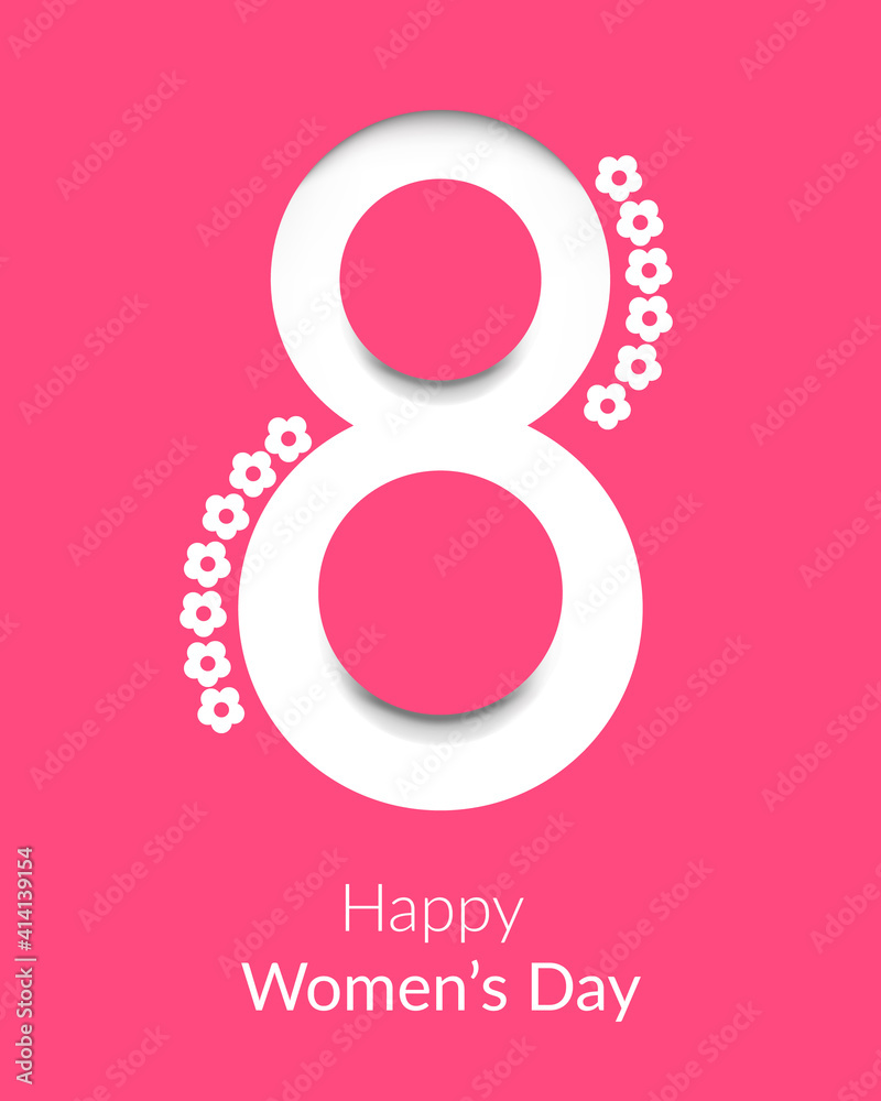 Card for March 8 with flowers around and the inscription Happy March 8. Flyer for the International Women's Day with decor. Modern flat illustration.