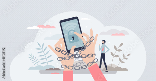 Internet addiction problem as attached to phone habit tiny person concept