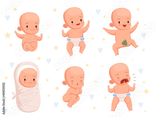 Infant new born. Toddler babies activity cute cheerful characters nowaday vector cartoon set. Infant baby, child boy toddler illustration