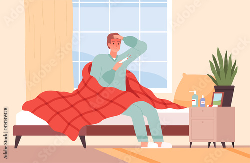 Illness character in bed. Flu viruses medical cartoon background person warm sitting in bed nowaday vector. Illustration character patient with cold fever symptom
