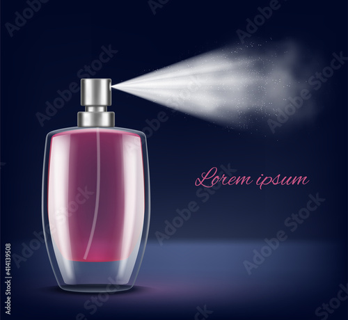 Cosmetic spray. Beauty vapor steam from bottle decent vector realistic illustrations. Perfume packaging spray aroma, bottle container scent