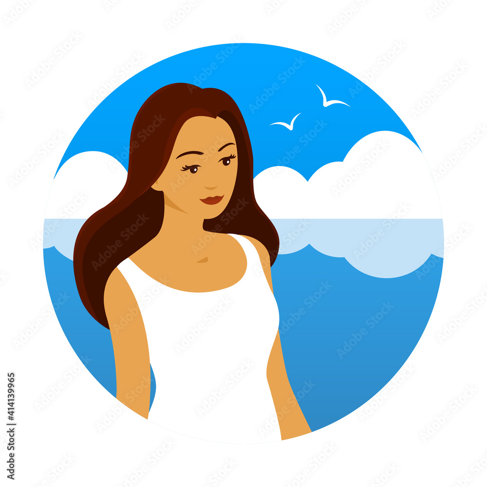 Beautiful young woman against the backdrop of the seascape. Blue sea and seagulls. Vector round icon illustration.