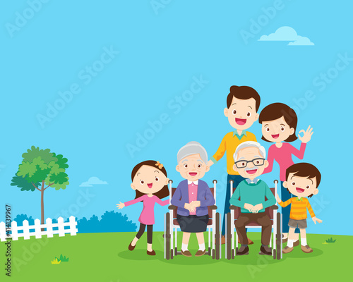 grandparents sitting on wheelchair and family