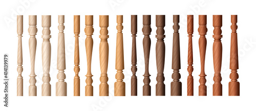Photo Wooden baluster columns set, realistic balustrade pillars in different shade of
