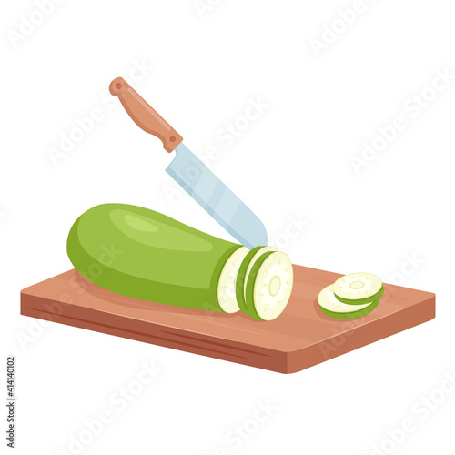 Cut zucchini vegetable into slices, isometric kitchen knife slicing green courgette