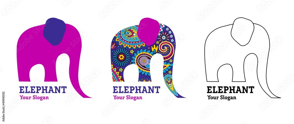 Abstract vector elephant with indian patterns. Template for creating a logo, emblems. monograms. In three color solutions. Abstract vector elephant with indian patterns. Template for creating a logo, emblems. monograms. In three color solutions.