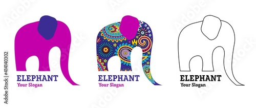 Abstract vector elephant with indian patterns. Template for creating a logo, emblems. monograms. In three color solutions.