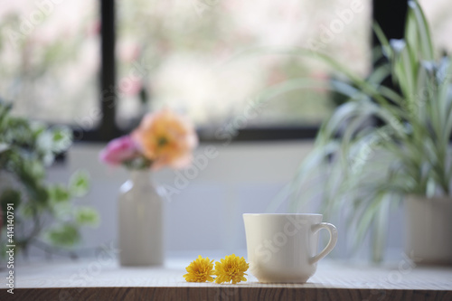 Vintage off white cup with yellow chrysanthemum