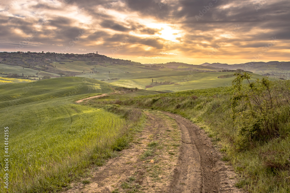 Dirt road in tranquil landscape Tuscany