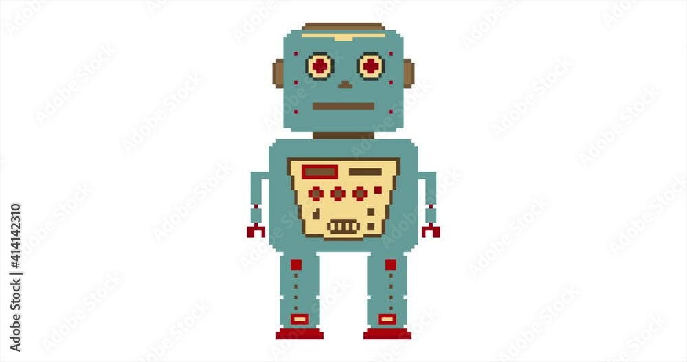 Animation of pixel art cartoon robot. Loop. Retro cute robot pixel art 8 bit video game