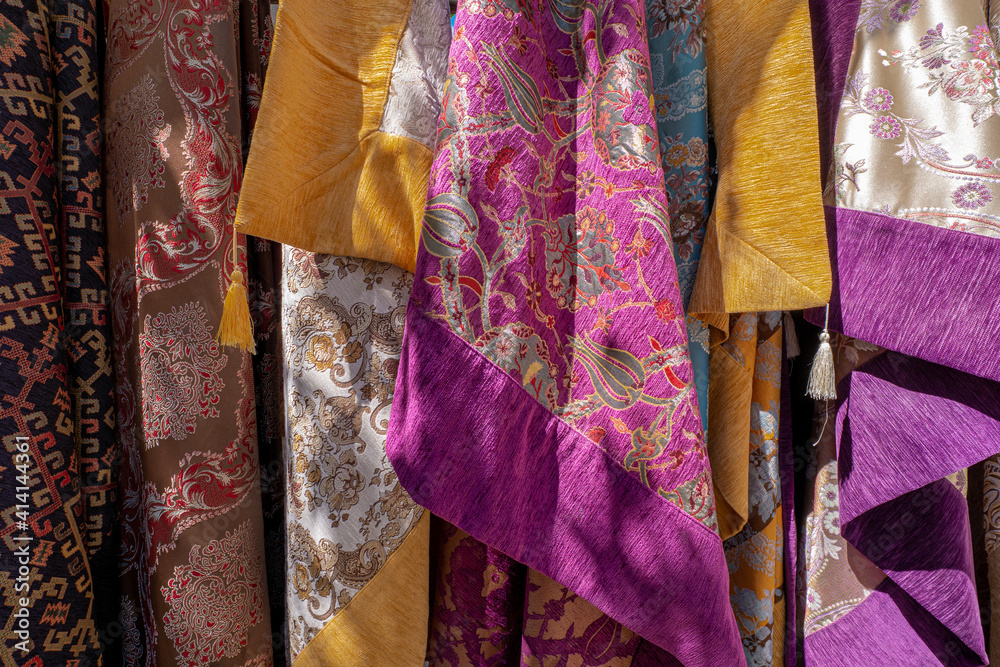 Colorful traditional textiles showcased in Cappadocia, Turkey