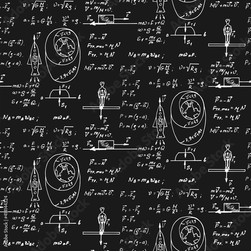The law of force of gravity. Physical equations on blackboard. Vector hand-drawn seamless pattern. Vintage scientific and educational background.
