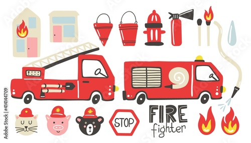 Firefighter set. Fire truck, extinguisher and hydrant. Hand drawn trendy scandinavian style childish collection, kids doodle cars, textile print and nursery decoration cartoon isolated illustration