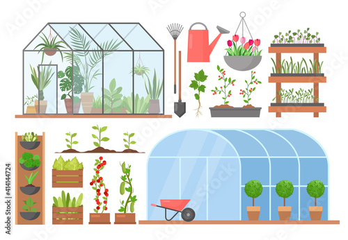 Greenhouse flower plant vegetable cultivation set, cartoon glasshouses for planting photo