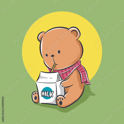 Cartoon illustration of cute bear drinking milk