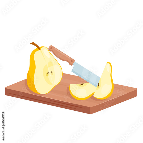 Cut pear fruit slices, isometric half and sliced pear and knife in cooking food process