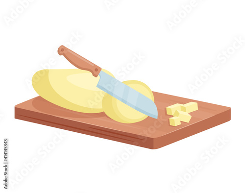 Potato cutting kitchen process, isometric knife processing raw peeled potato vegetable
