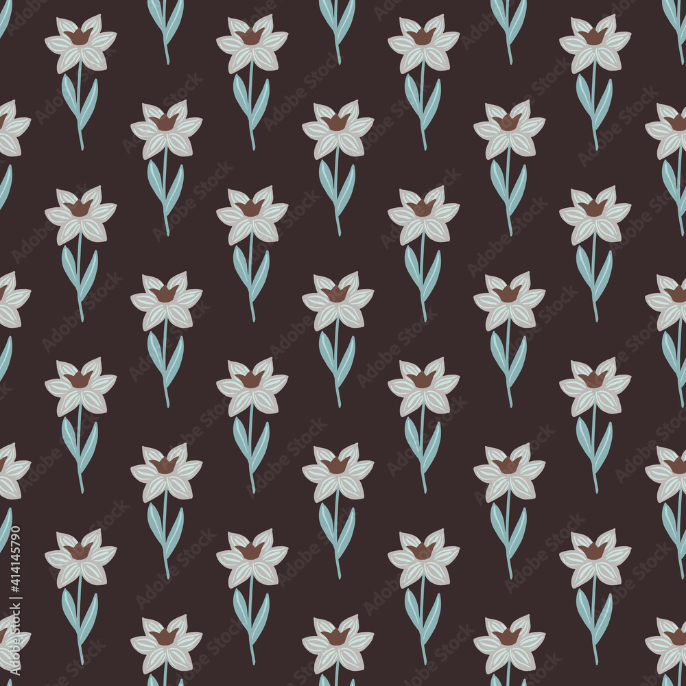 Creative seamless botanic pattern with blue colored folk flower shapes ornament. Dark brown background. Creative seamless botanic pattern with blue colored folk flower shapes ornament. Dark brown background.