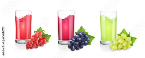 Different varieties of grapes and drinking glasses of wine or juice on white background. Red, black green pink muscatel grape banches 3d vector set
