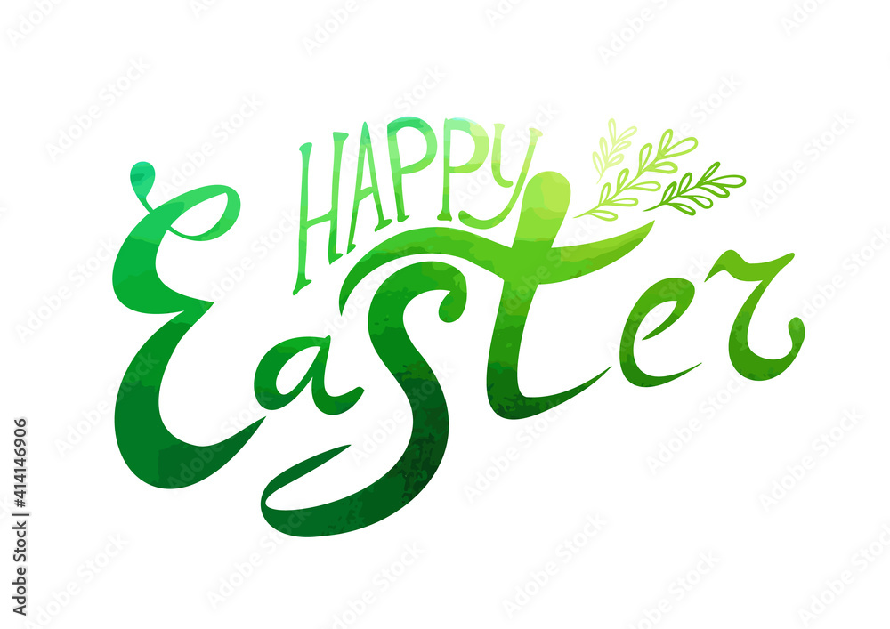 Happy Easter text. Green postcard with rabbit. Mixed media. Vector illustration Happy Easter text. Green postcard with rabbit. Mixed media. Vector illustration