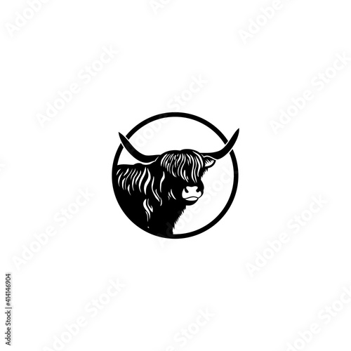 Yak Head Silhouette Scottish Highland Cattle on White Background Logo Design Inspiration