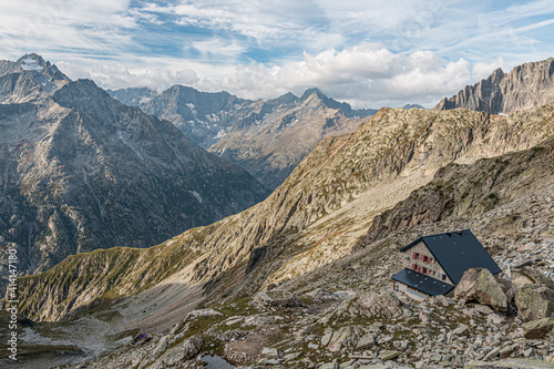 mountain hut in the mountains in summer, Dibona Peak, Ecrins, French Alps, France