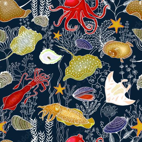  Sea animals and seaweed seamless pattern. Vector stock illustration eps10