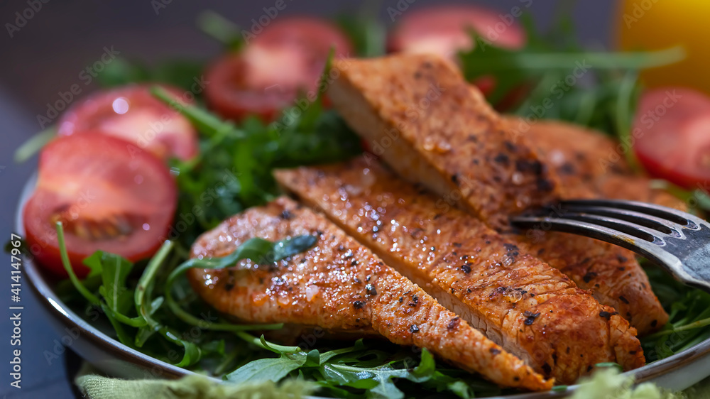 Chicken, turkey, fillet with salad. Healthy food diet concept. Keto diet. Chicken, turkey, fillet with salad. Healthy food diet concept. Keto diet.