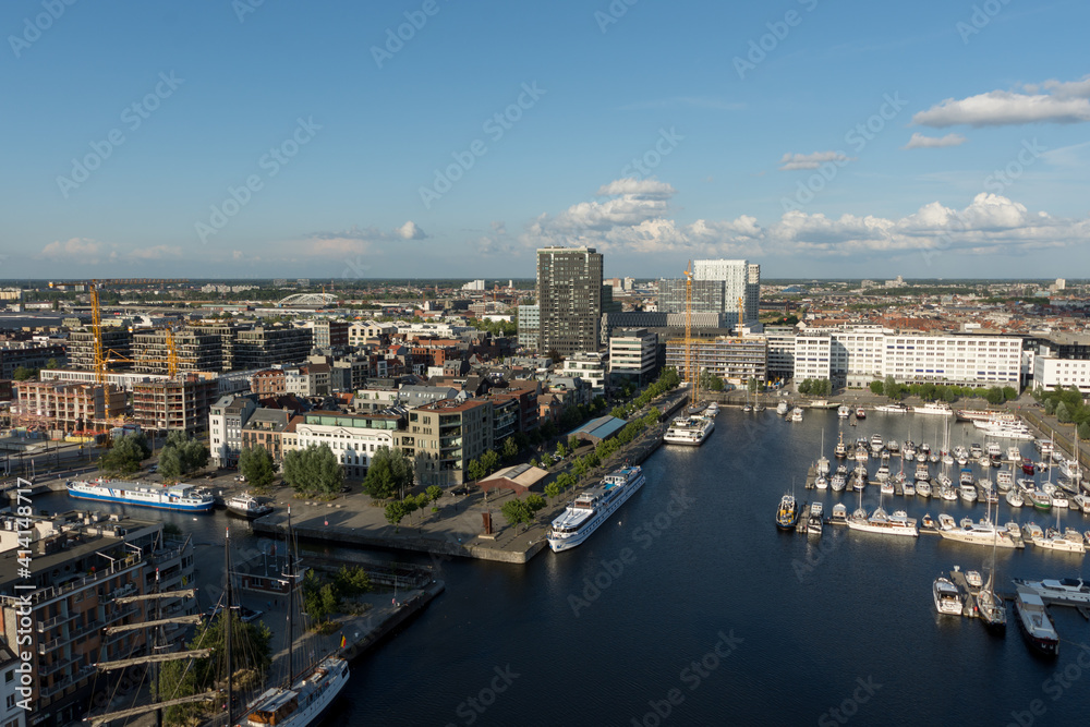 View of Antwerp's Eilandje Neighborhood (The Little Island)  and its Yacht Marina