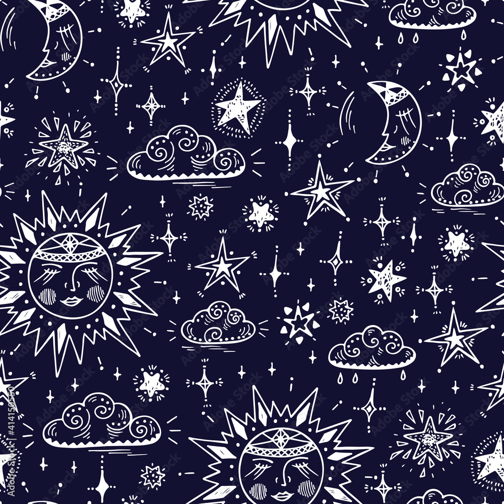 Fototapeta Sky Vector Seamless pattern. Hand Drawn Doodle Sun, Moon (Crescent), Clouds and Stars background