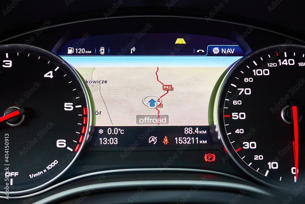 GRODNO, BELARUS - DECEMBER 2019: Audi A6 4G C7 Element of modern car  electronic dashboard media display navigation GPS system with map radio  fuel weather information tachometer and speedometer. Stock-Foto | Adobe  Stock