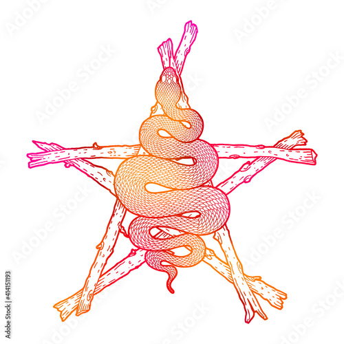 Coiled snake over sticks pentagram detailed illustration