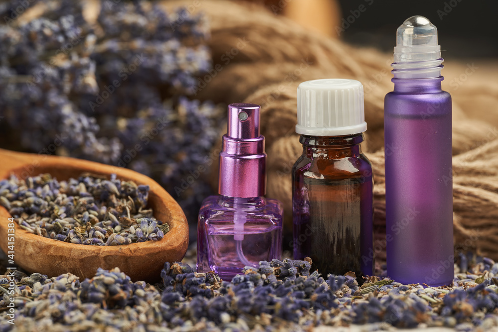 Lavender essential oil and dried flowers Lavender essential oil and dried flowers