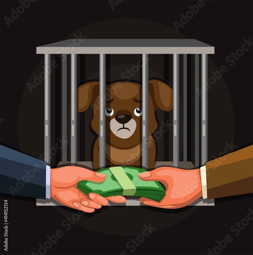 Businessman selling puppy. wildlife trade illegal activity illustration concept in cartoon vector