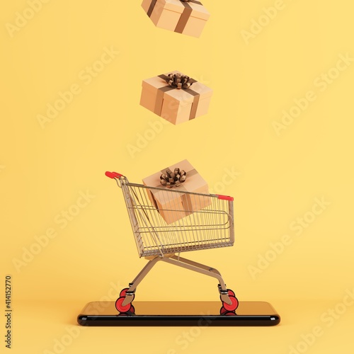 Gift boxes falling into a shopping cart standing on smartphone screen and isolated on a yellow background representing online shopping. 3D illustration