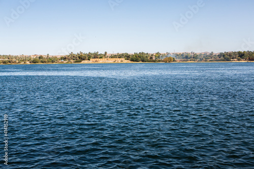 Nile the longest river in Africa. Primary water source of Egypt. Landscape with clear water river.