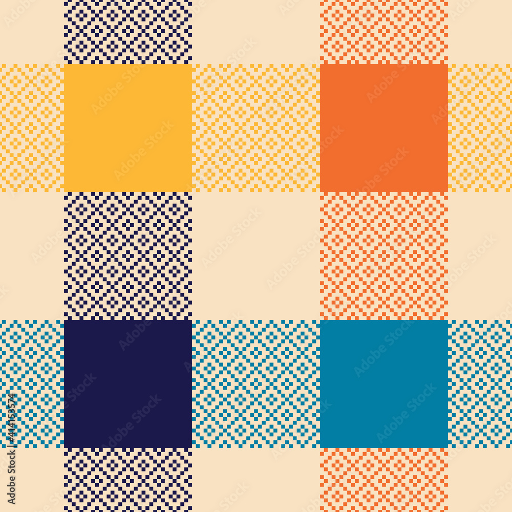 Buffalo check pattern colorful pixel art design in blue, orange, yellow, beige. Decorative seamless background for gift wrapping paper, tablecloth, other modern spring autumn fashion textile design.