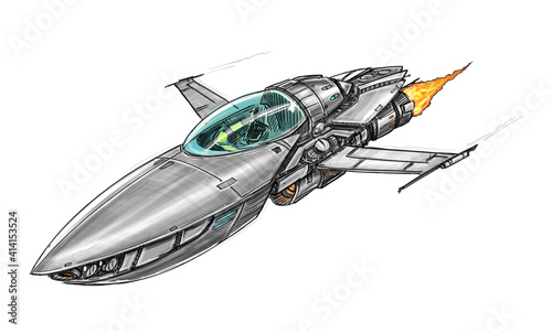 Sci-fi spaceship or spacecraft design, concept art drawing or illustration. Space ship or craft flying on white background.