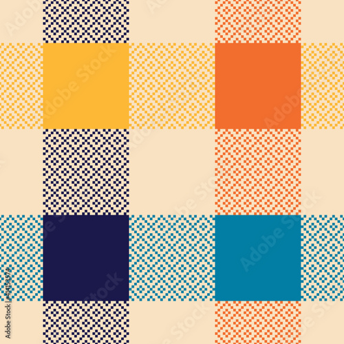 Buffalo check pattern colorful pixel art design in blue, orange, yellow, beige. Decorative seamless background for gift wrapping paper, tablecloth, other modern spring autumn fashion textile design.