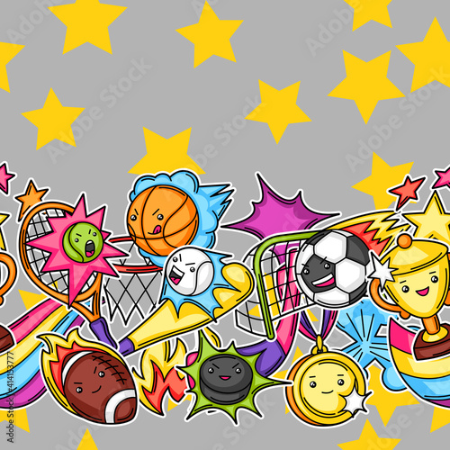 Seamless pattern with kawaii sport items.
