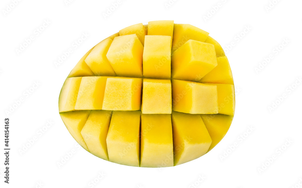 Mango cut into cubes, top view, isolated on white background with clipping path, element of packaging design.  Full depth of field.