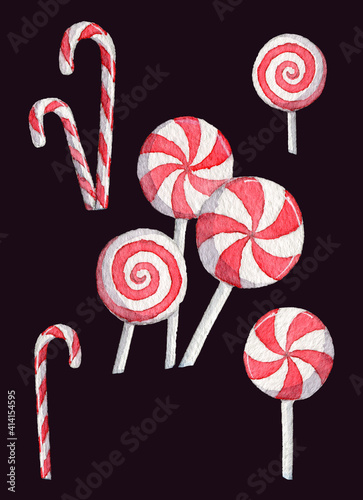 Watercolor set of classic glossy red and white Christmas candies isolated on dark background. Hand painting design for fabric, textile,packaging, postcard, kitchen.