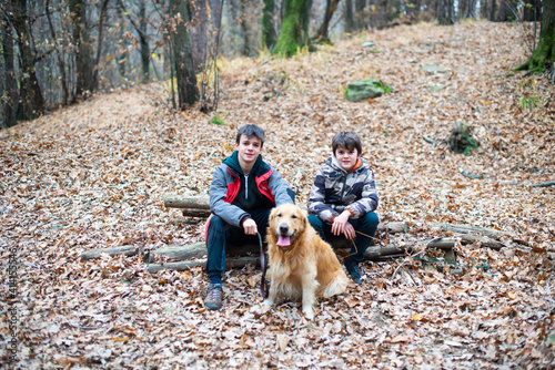 boys sitting on log, in the woods with dog, portrait of boys in the woods walking with a dog