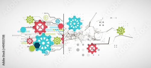 Abstract background on technological and scientific topics. Plexus effect with various techno details with a place under the text. Vector format.