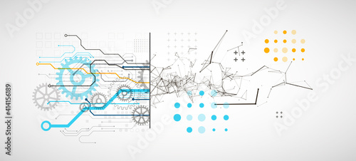 Abstract background on technological and scientific topics. Plexus effect with various techno details with a place under the text. Vector format.