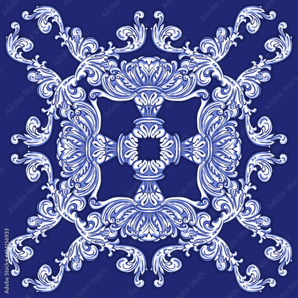 Azulejos - Portuguese tiles blue watercolor pattern. Traditional tribal ornament. Capri