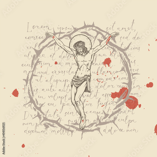Religious banner or Easter greeting card in retro style. Creative vector illustration with crucified Jesus Christ, a crown of thorns and red blood drops on a background of handwritten text Lorem ipsum
