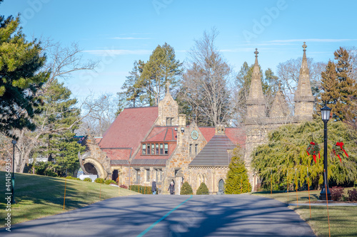 stone buildings at the front gate of a garden cemetery in Boston