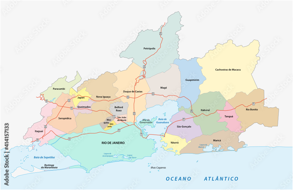Fototapeta premium Main road and administrative map of Greater Rio de Janeiro, Brazil