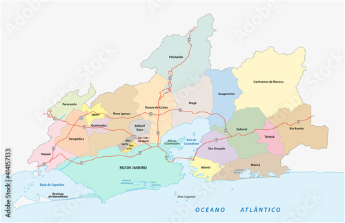 Main road and administrative map of Greater Rio de Janeiro, Brazil